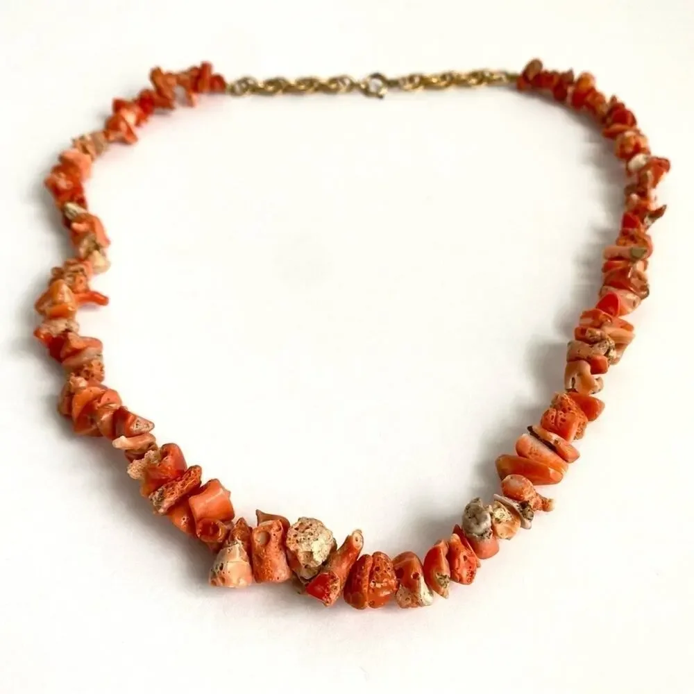 Vintage Coral Necklace Beaded Nugget Chip‎ 12K Gold Fill 60s Retro Estate Piece
